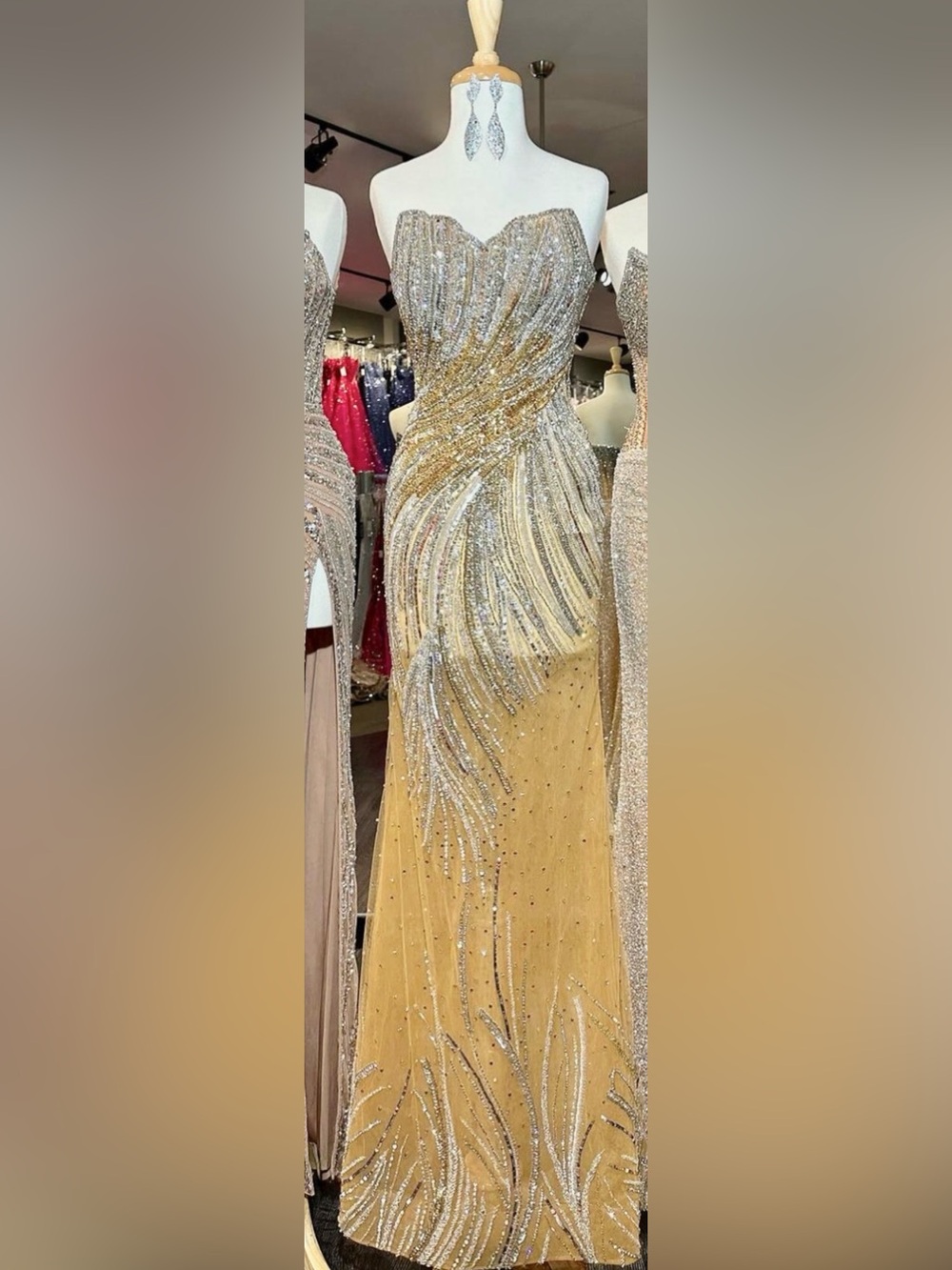 Ashley Lauren Strapless Gold Sequin Evening Gown